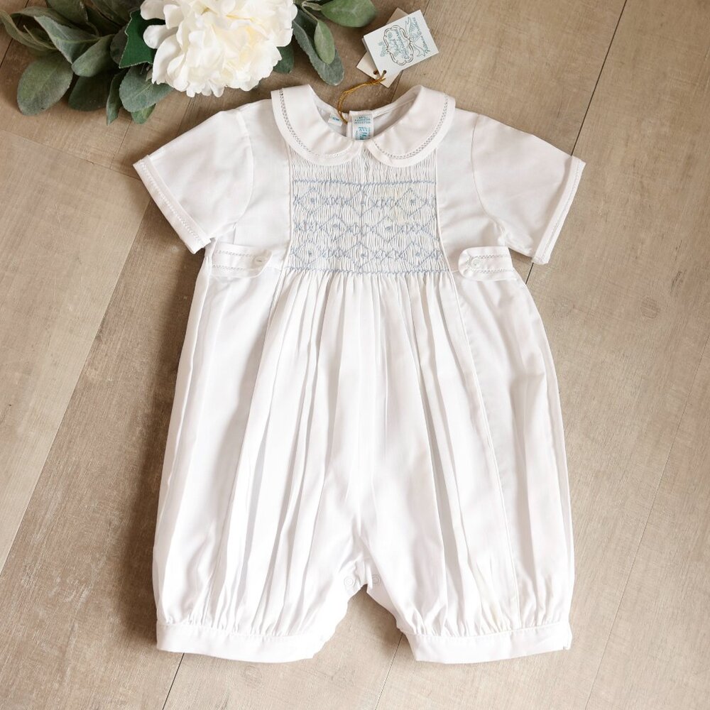 Boys White Smocked Heirloom Romper ShortAll Blue Embroidery Feltman Brothers NWT